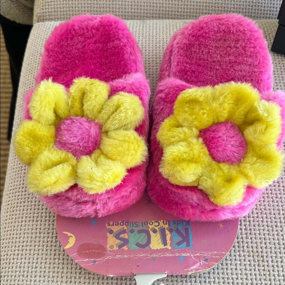 Pink Fuzzy Kids Slippers with Yellow Flower